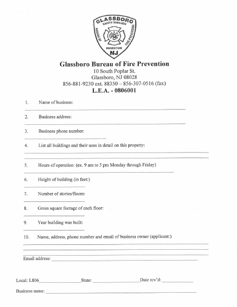 First page of the Fire Prevention Business Registration