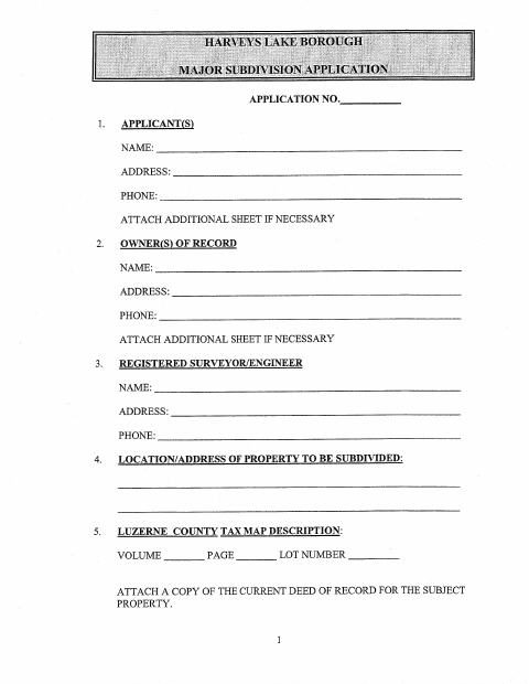 First page of the Major Subdivision Application