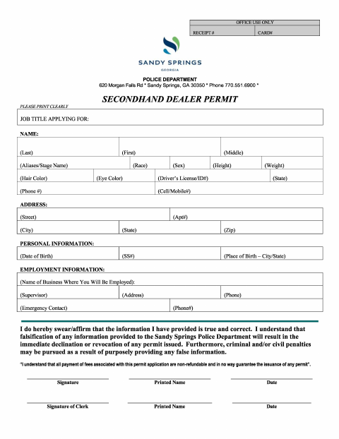 First page of the Secondhand Dealer Permit