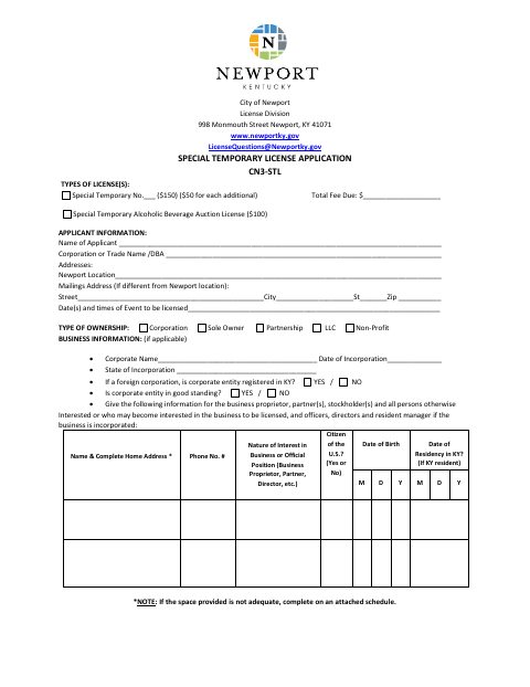 First page of the Special Temporary Alcohol License Application