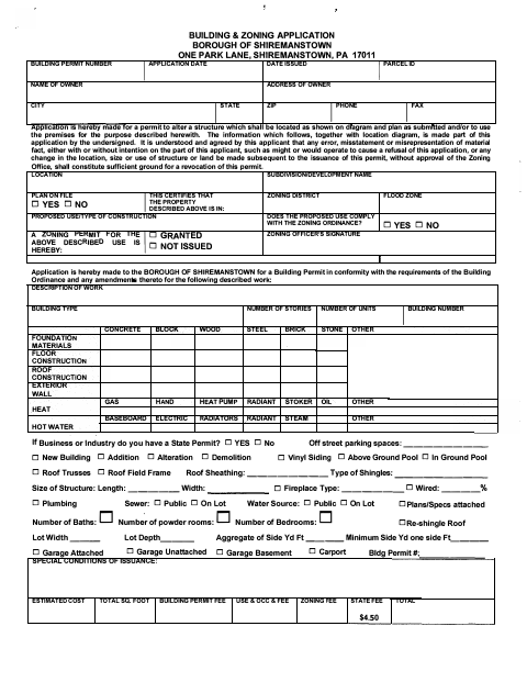 First page of the Building & Zoning Application