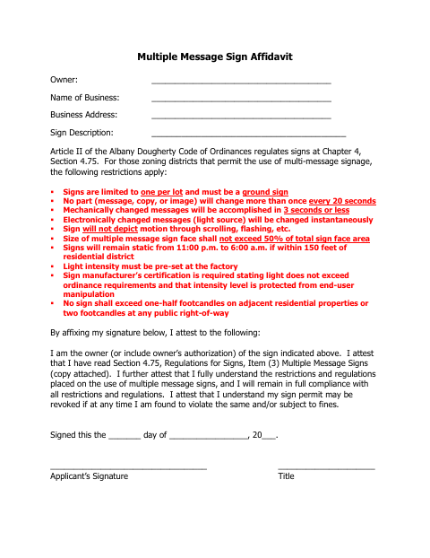 First page of the Multiple Message Sign Affidavit