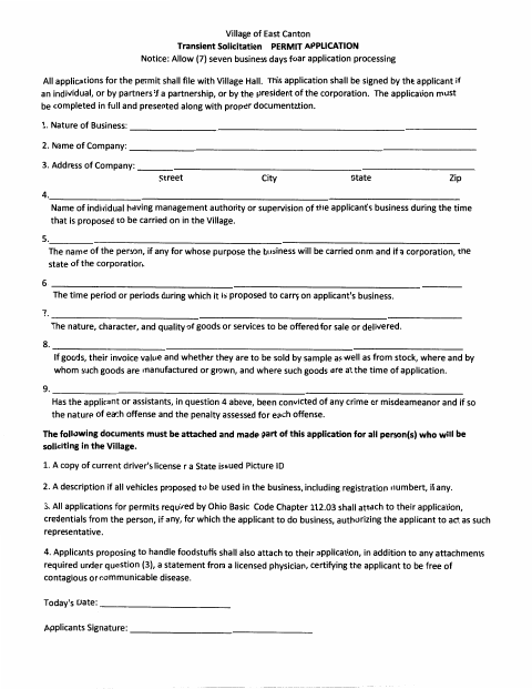First page of the Transient Solicitation Permit Application