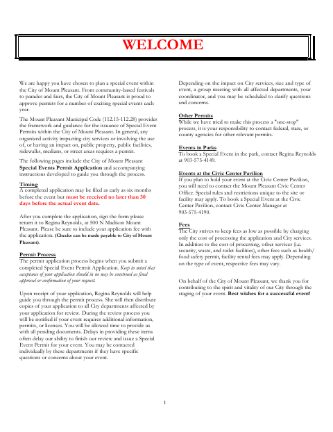 First page of the Special Events Permit Application