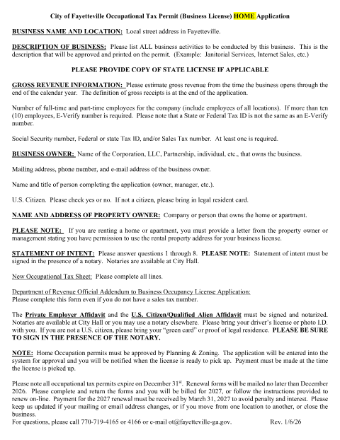 First page of the Home Occupational Tax Permit Application
