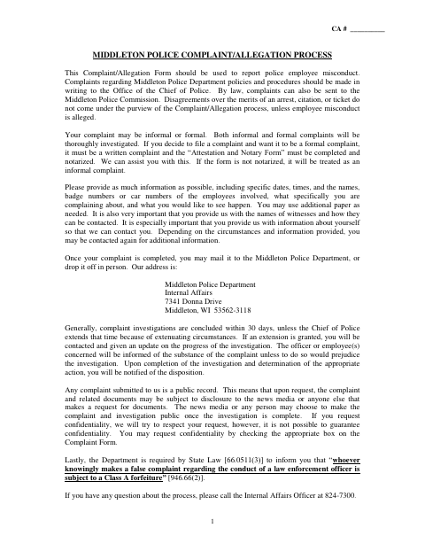 First page of the Police Misconduct Complaint and Attestation