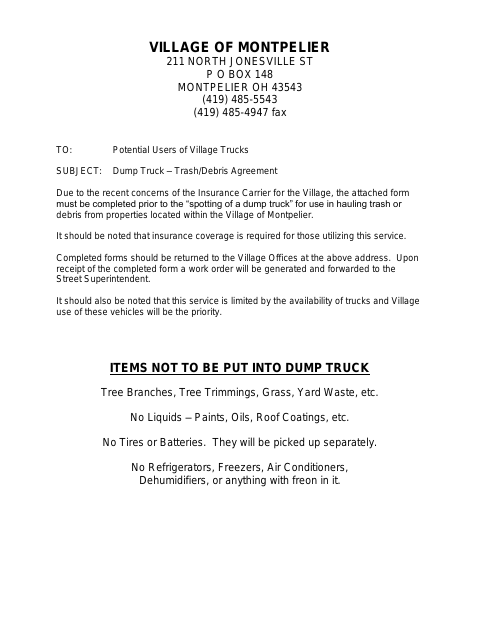 First page of the Dump Truck – Trash/Debris Agreement