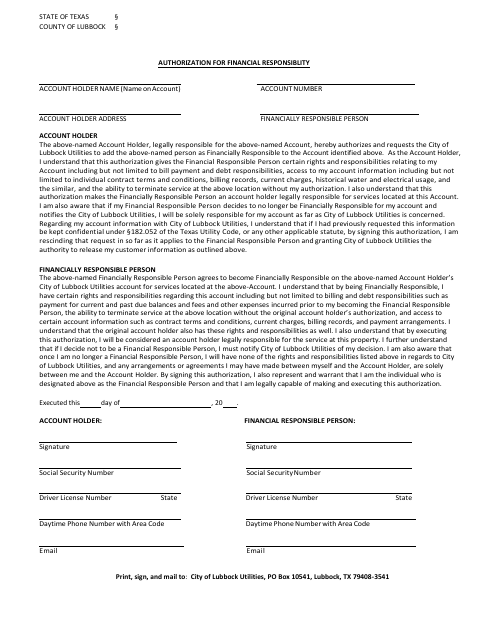First page of the Authorization for Financial Responsibility