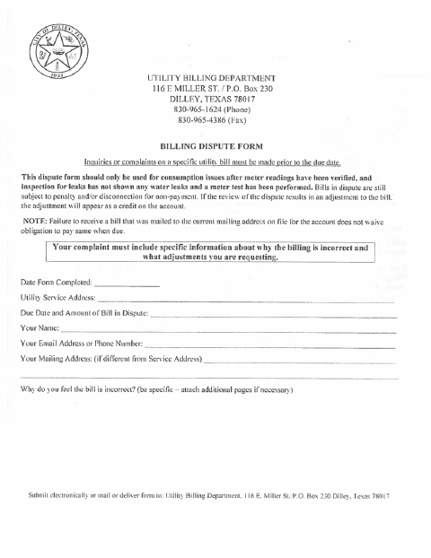 First page of the Utility Bill Complaint Form