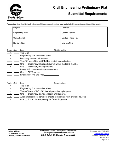 First page of the Civil Engineering Preliminary Plat Submittal Requirements