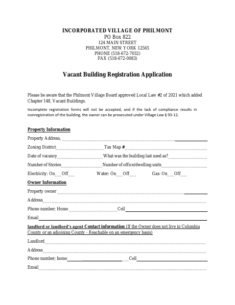 First page of the Vacant Building Registration Application