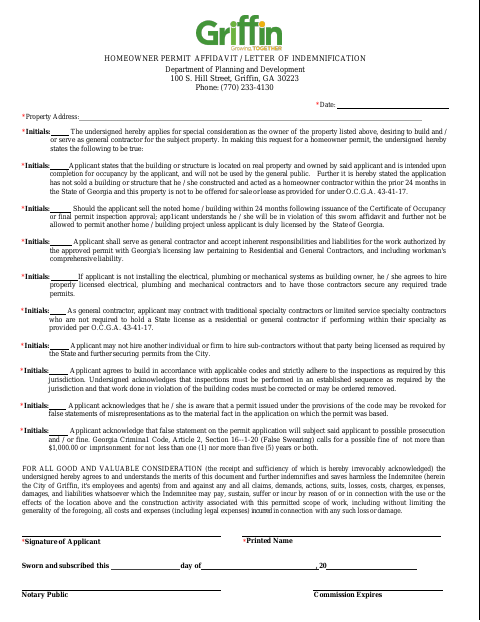 First page of the Homeowner Permit Affidavit / Letter of Indemnification