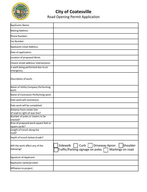 First page of the Road Opening Permit Application