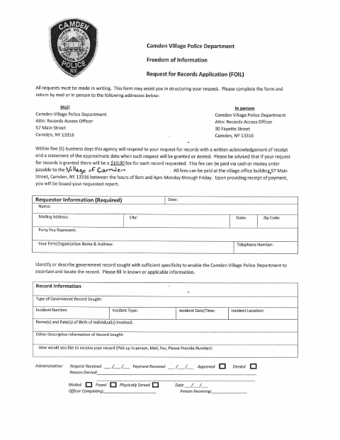 First page of the Police FOIL Records Request