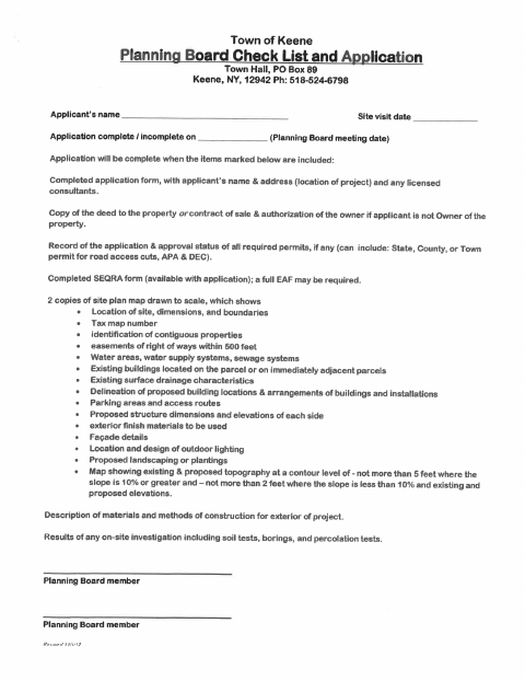 First page of the Planning Board Site Plan Review Application
