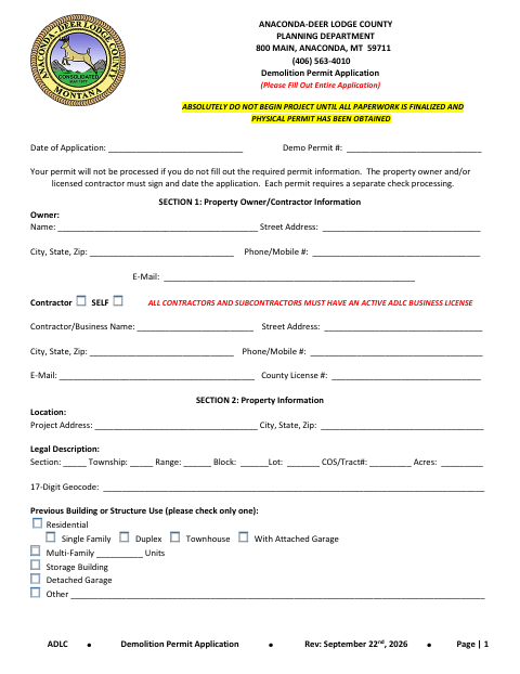 First page of the Demolition Permit Application