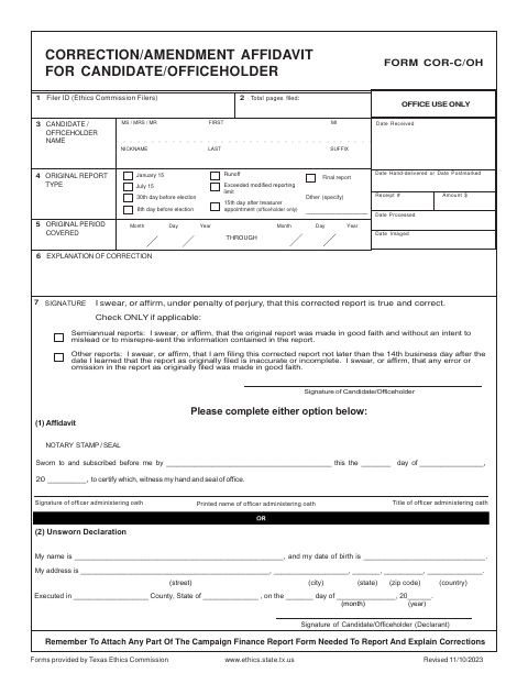 First page of the Correction/Amendment Affidavit for Candidate/Officeholder