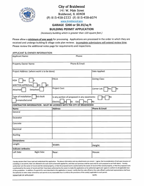 First page of the Detached Garage Permit Application