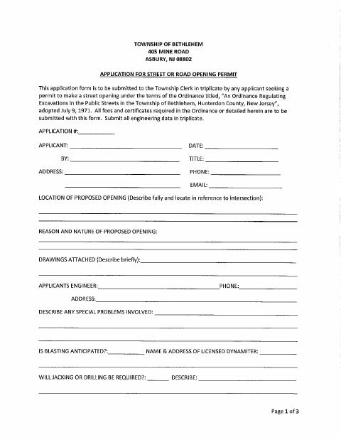 First page of the Road Opening Permit Application