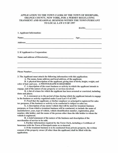 First page of the Transient and Seasonal Business Permit Application