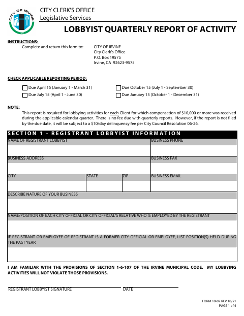 First page of the Lobbyist Quarterly Report of Activity