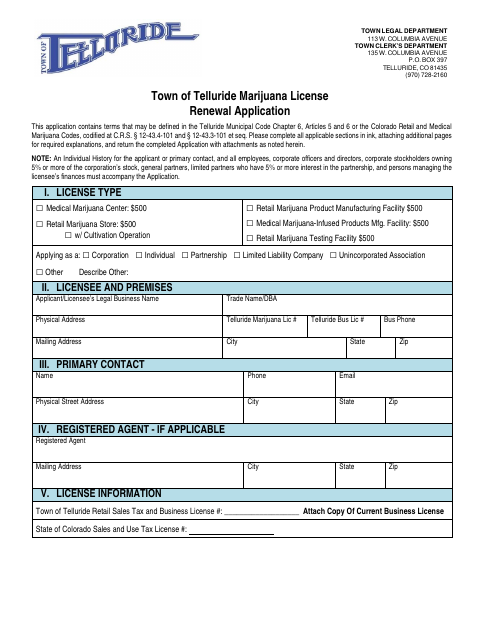 First page of the Marijuana License Renewal Application