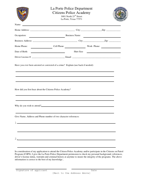 First page of the Citizens Police Academy Application