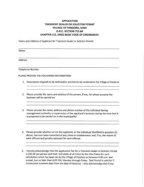 First page of the Transient Dealer or Solicitor Permit Application
