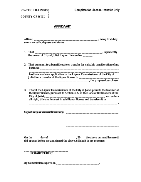 First page of the Liquor License Transfer Affidavit