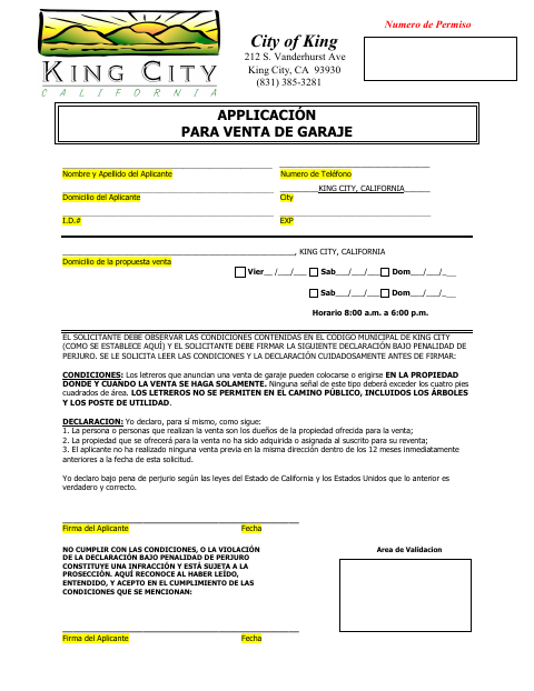 First page of the Garage Sale Application (Spanish)