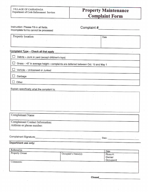 First page of the Property Maintenance Complaint Form