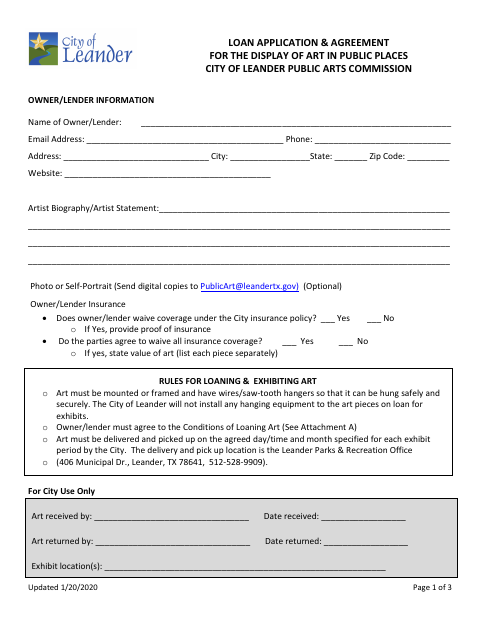 First page of the Loan Application & Agreement for the Display of Art in Public Places