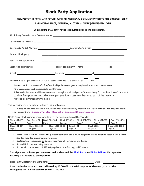 First page of the Block Party Application