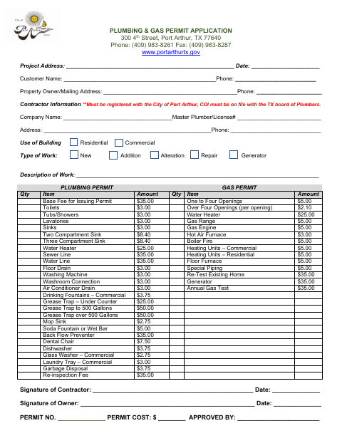 First page of the Plumbing & Gas Permit Application