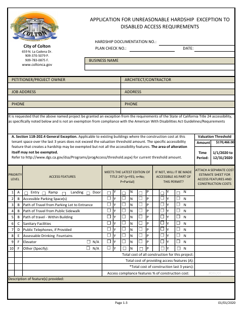 First page of the Application for Unreasonable Hardship Exception to Disabled Access Requirements