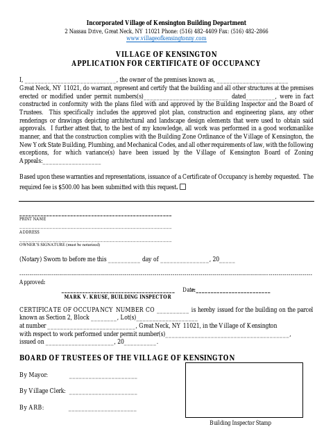 First page of the Application for Certificate of Occupancy