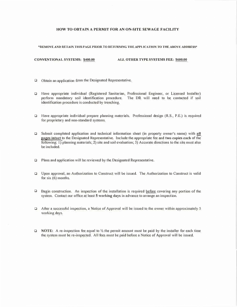 First page of the On-Site Sewage Facility Permit Application