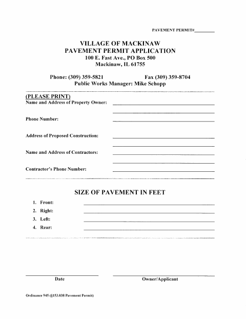 First page of the Pavement Permit Application
