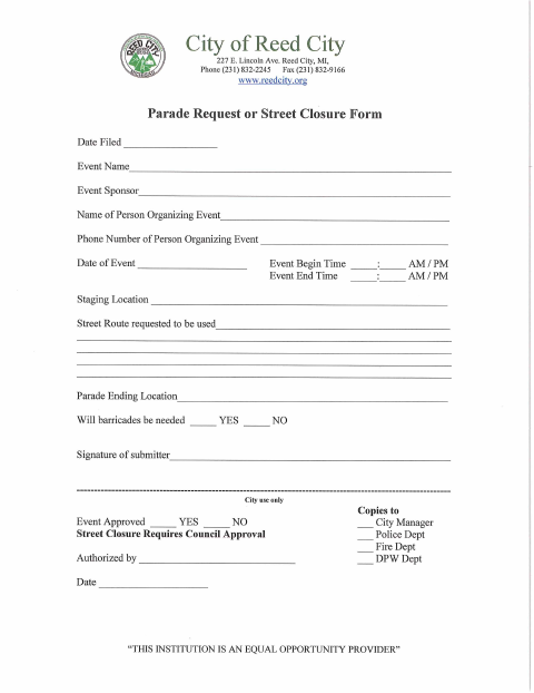 First page of the Parade Request or Street Closure Form