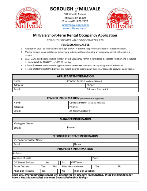 First page of the Short-Term Rental Occupancy Application