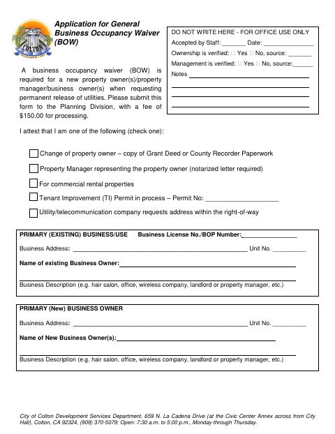 First page of the Application for General Business Occupancy Waiver