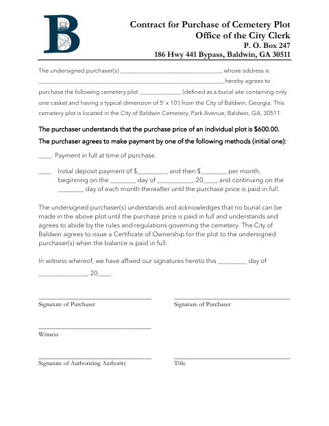First page of the Contract for Purchase of Cemetery Plot
