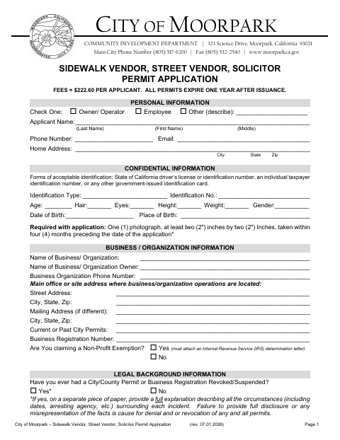 First page of the Sidewalk Vendor, Street Vendor, Solicitor Permit Application