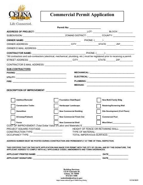 First page of the Commercial Permit Application