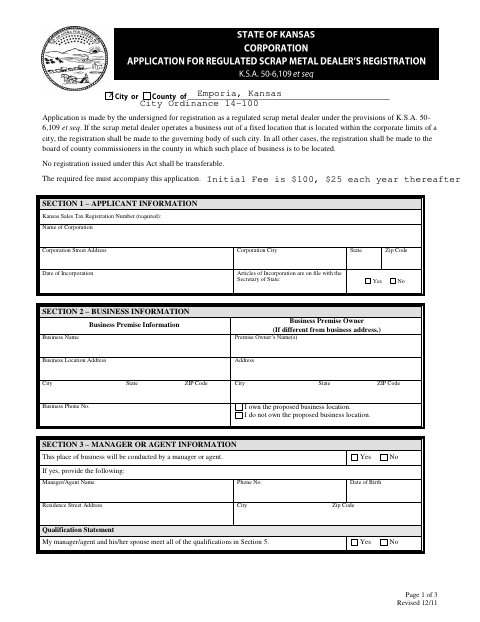 First page of the Corporate Scrap Metal Dealers Registration