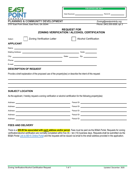 First page of the Zoning Verification/Alcohol Certification Request