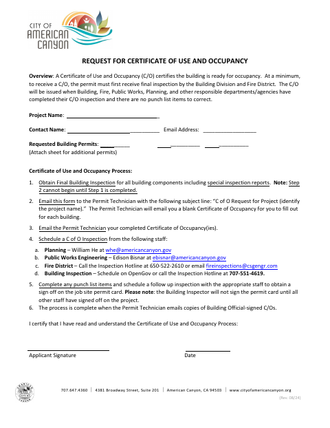 First page of the Request for Certificate of Use and Occupancy