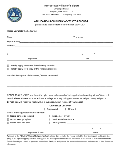 First page of the Application for Public Access to Records