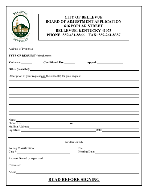 First page of the Board of Adjustment Application