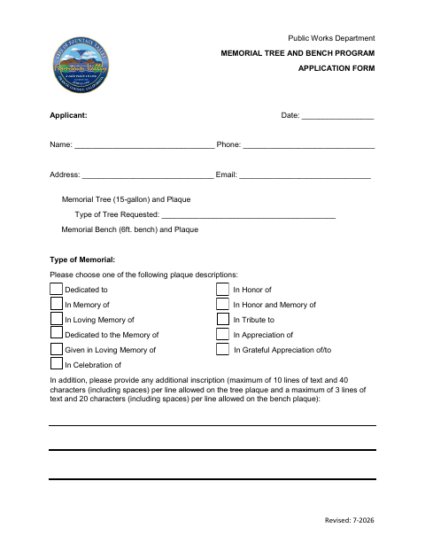 First page of the Memorial Tree and Bench Program Application Form